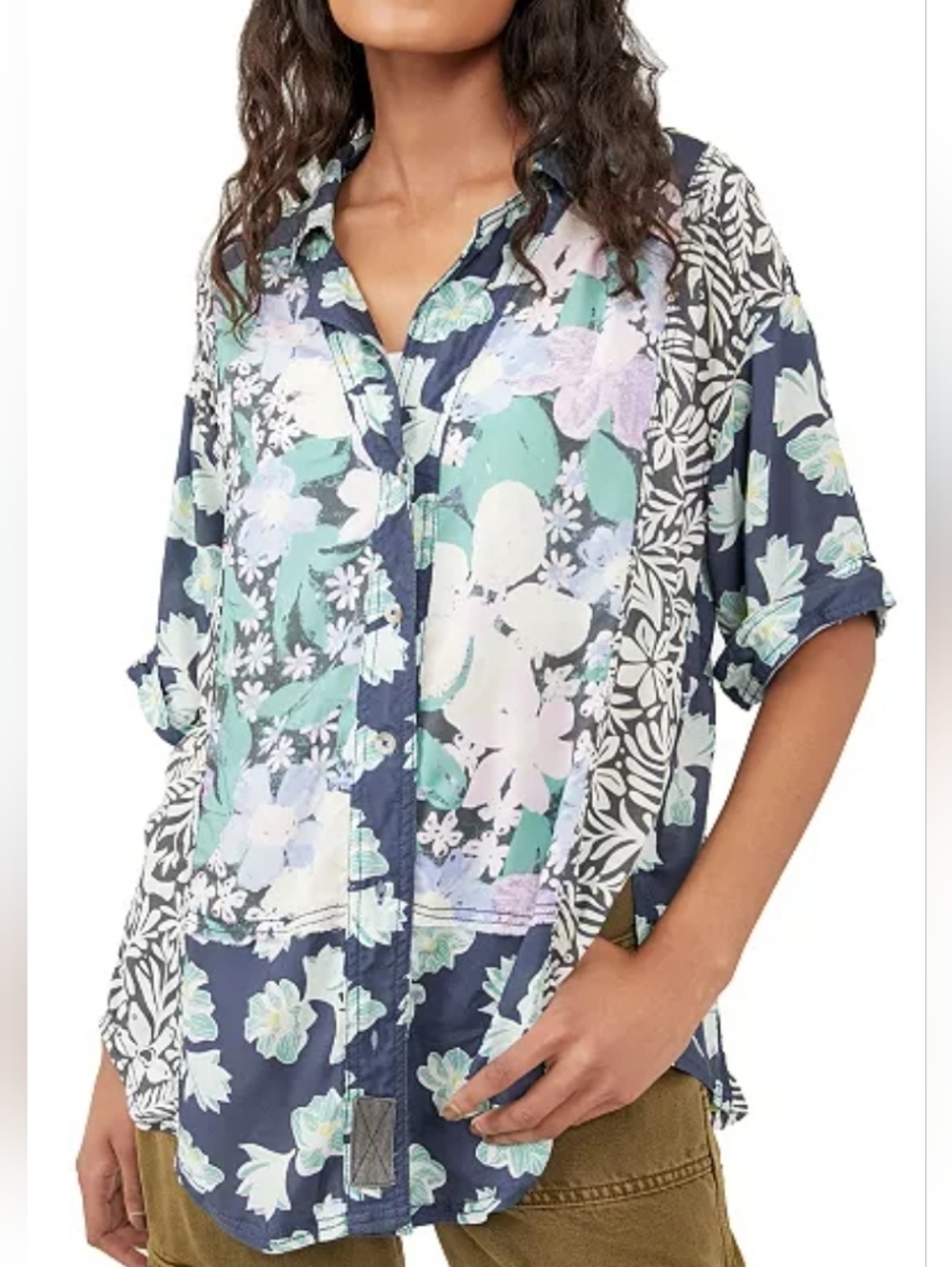 FREE PEOPLE Tropical Mixed Print Vacay Away Hawaiian Shirt